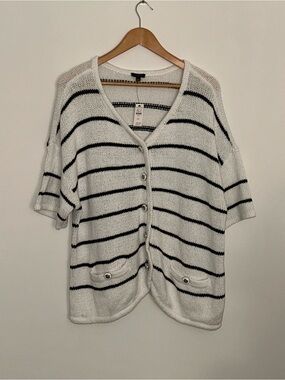 Talbots Plus White and Black Striped Button-Front Cardigan NWT 2X